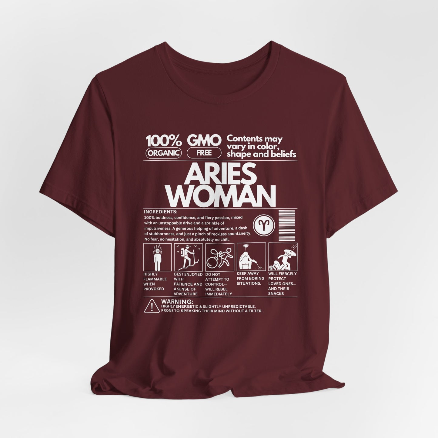 Aries Woman Zodiac Sign T-Shirt – Handle with Care, Warning Label & Ingredients List (Front Design - White Text)